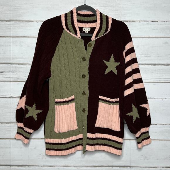 POL Sweaters - POL Star Varsity Cardigan Brown Pink Button Knit Sweater Size Small